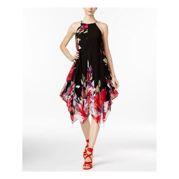 INC International Concepts Floral Handkerchief Hem Midi Halter Dress Black 6 - Picture 1 of 15